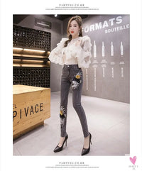 Women's Flower Embroidered Straight leg Jeans - Female Casual Pencil Pants, Straight Leg Jeans