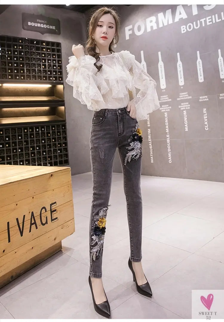 Women's Flower Embroidered Straight leg Jeans - Female Casual Pencil Pants, Straight Leg Jeans