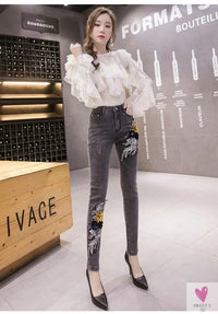Women's Flower Embroidered Straight leg Jeans - Female Casual Pencil Pants, Straight Leg Jeans