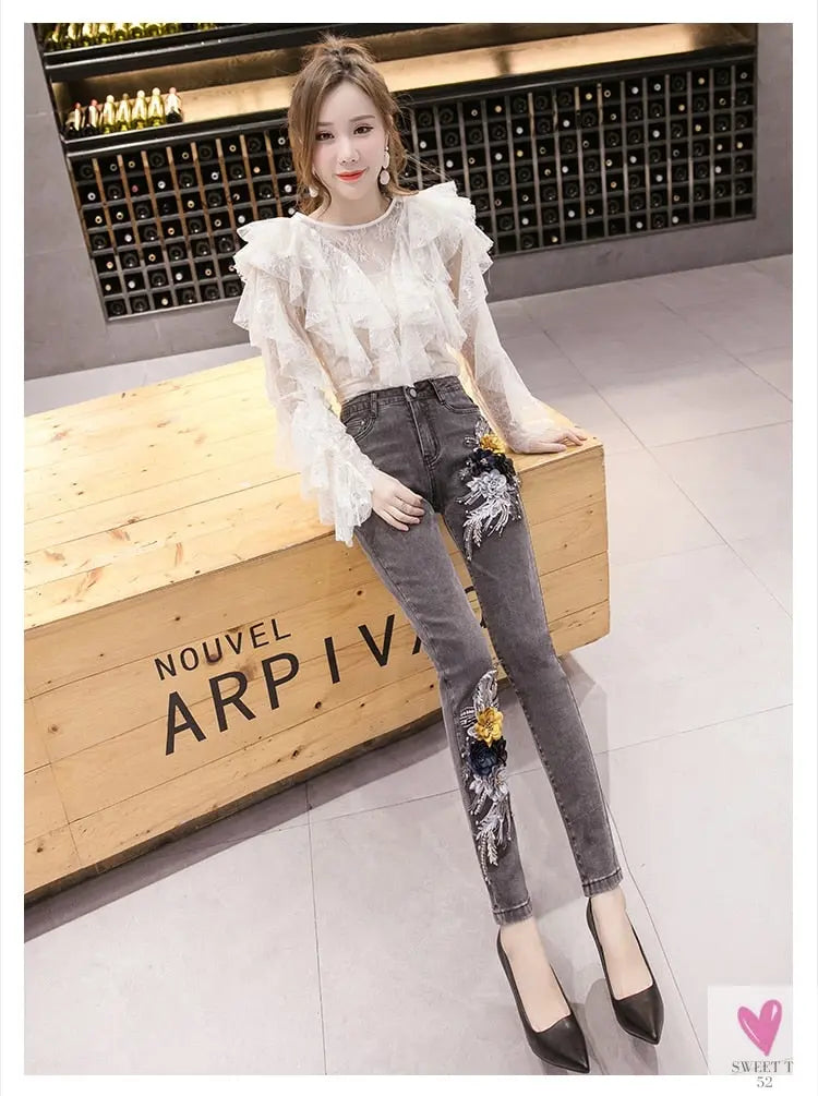 Women's Flower Embroidered Straight leg Jeans - Female Casual Pencil Pants, Straight Leg Jeans