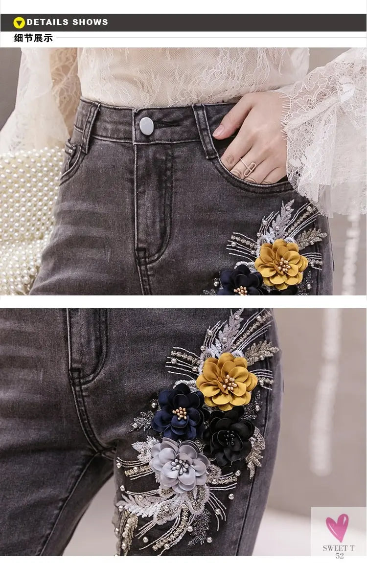 Women's Flower Embroidered Straight leg Jeans - Female Casual Pencil Pants, Straight Leg Jeans