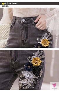 Women's Flower Embroidered Straight leg Jeans - Female Casual Pencil Pants, Straight Leg Jeans