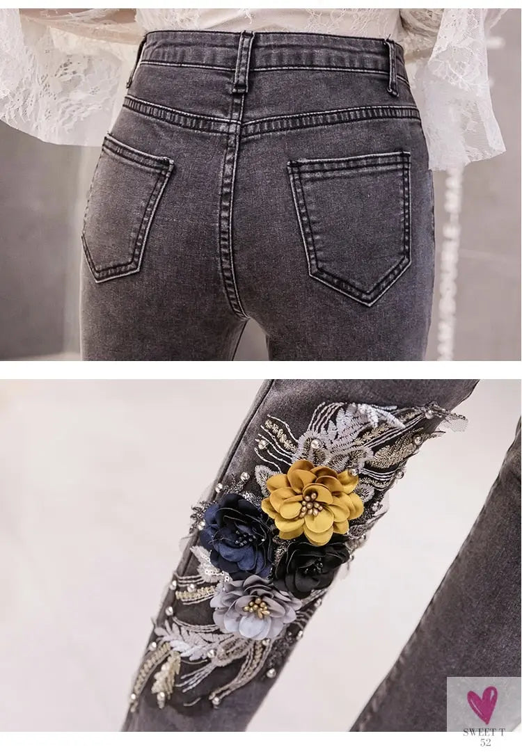 Women's Flower Embroidered Straight leg Jeans - Female Casual Pencil Pants, Straight Leg Jeans