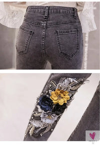 Women's Flower Embroidered Straight leg Jeans - Female Casual Pencil Pants, Straight Leg Jeans