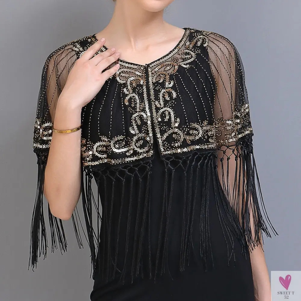 Women's Vintage 1920s Shawl - Beaded/Sequin/Fringe Flapper Bolero, Sheer Floral Embroidery Fancy Cover Up