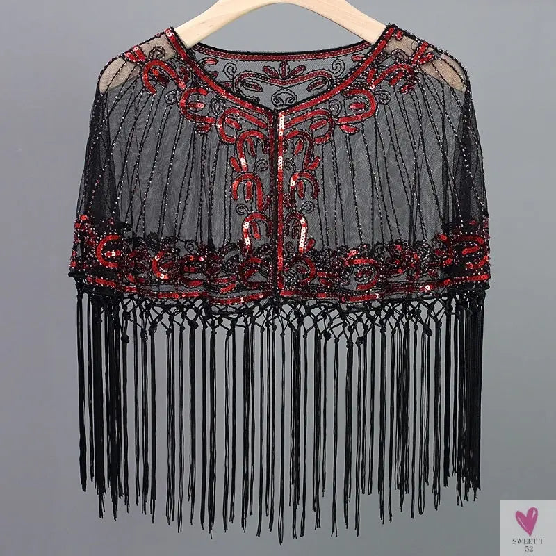 Women's Vintage 1920s Shawl - Beaded/Sequin/Fringe Flapper Bolero, Sheer Floral Embroidery Fancy Cover Up