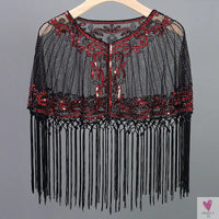 Women's Vintage 1920s Shawl - Beaded/Sequin/Fringe Flapper Bolero, Sheer Floral Embroidery Fancy Cover Up