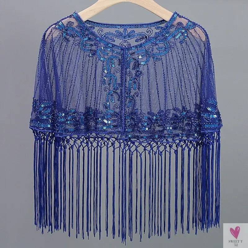 Women's Vintage 1920s Shawl - Beaded/Sequin/Fringe Flapper Bolero, Sheer Floral Embroidery Fancy Cover Up