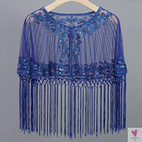 Women's Vintage 1920s Shawl - Beaded/Sequin/Fringe Flapper Bolero, Sheer Floral Embroidery Fancy Cover Up