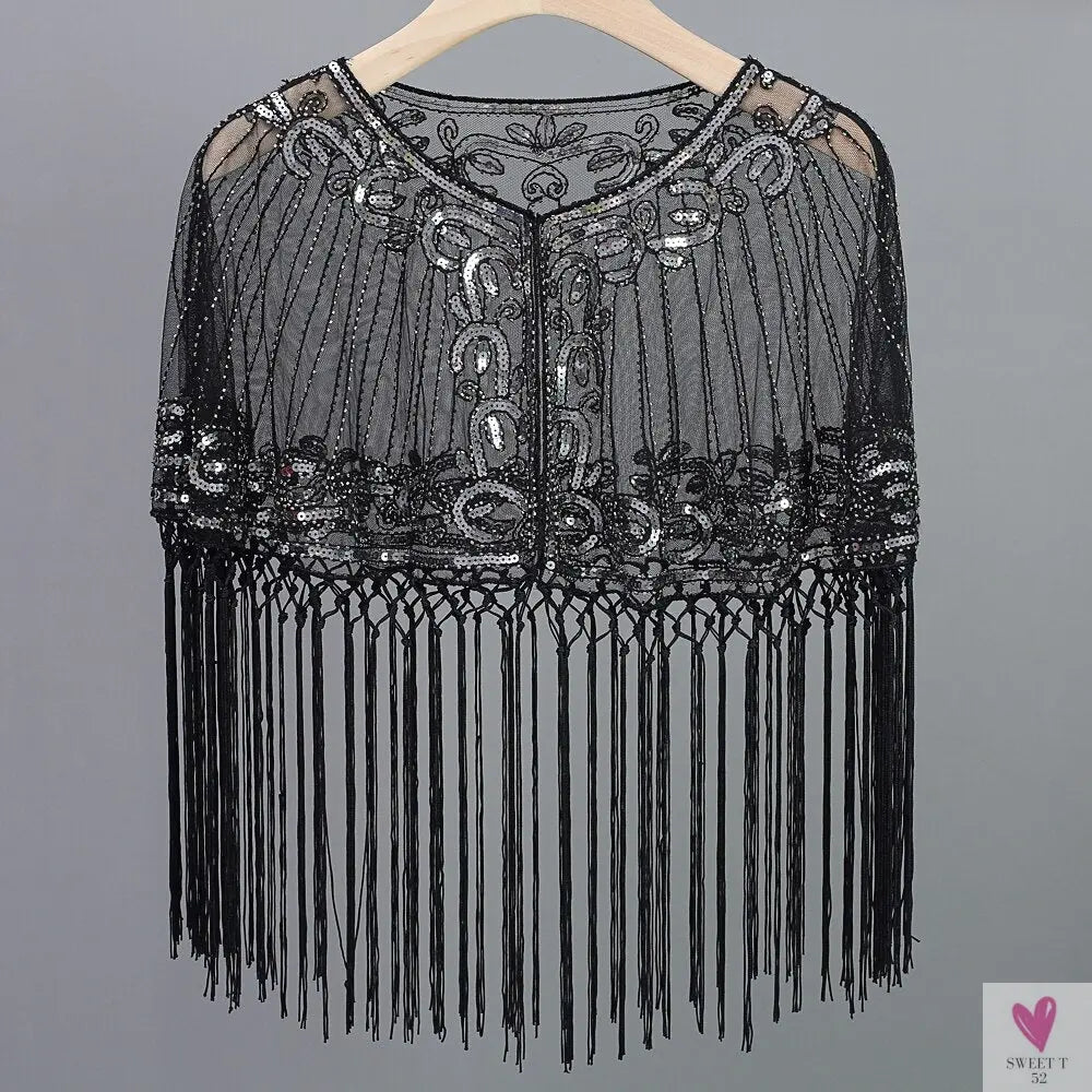 Women's Vintage 1920s Shawl - Beaded/Sequin/Fringe Flapper Bolero, Sheer Floral Embroidery Fancy Cover Up