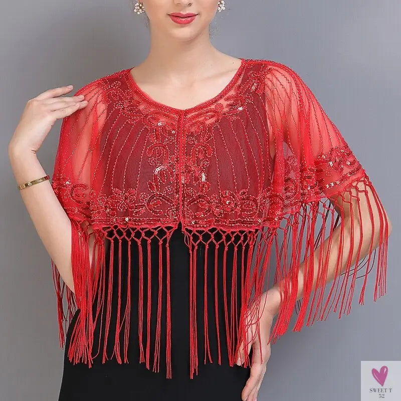 Women's Vintage 1920s Shawl - Beaded/Sequin/Fringe Flapper Bolero, Sheer Floral Embroidery Fancy Cover Up