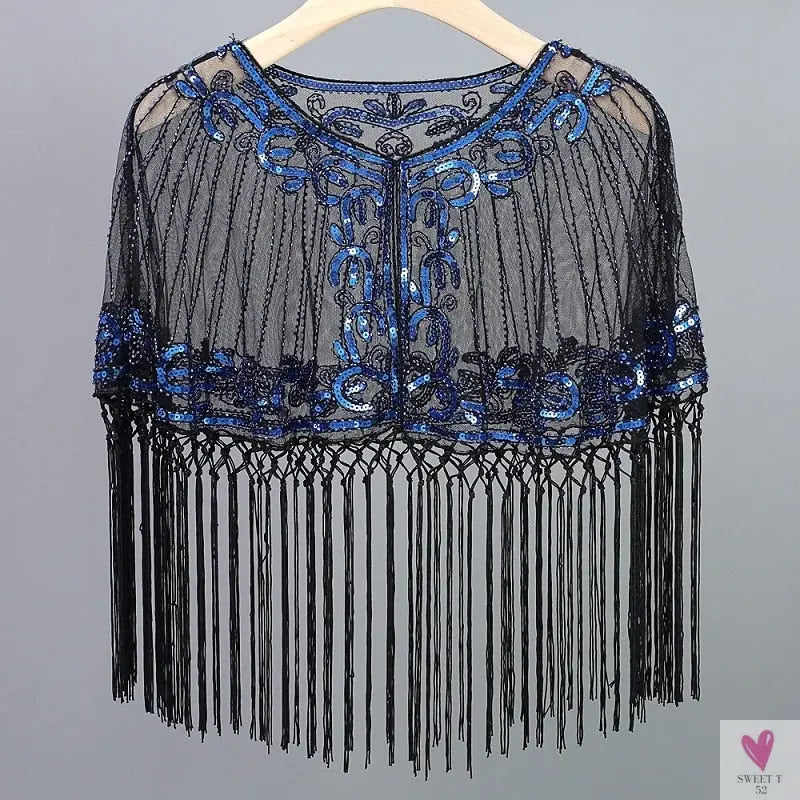 Women's Vintage 1920s Shawl - Beaded/Sequin/Fringe Flapper Bolero, Sheer Floral Embroidery Fancy Cover Up