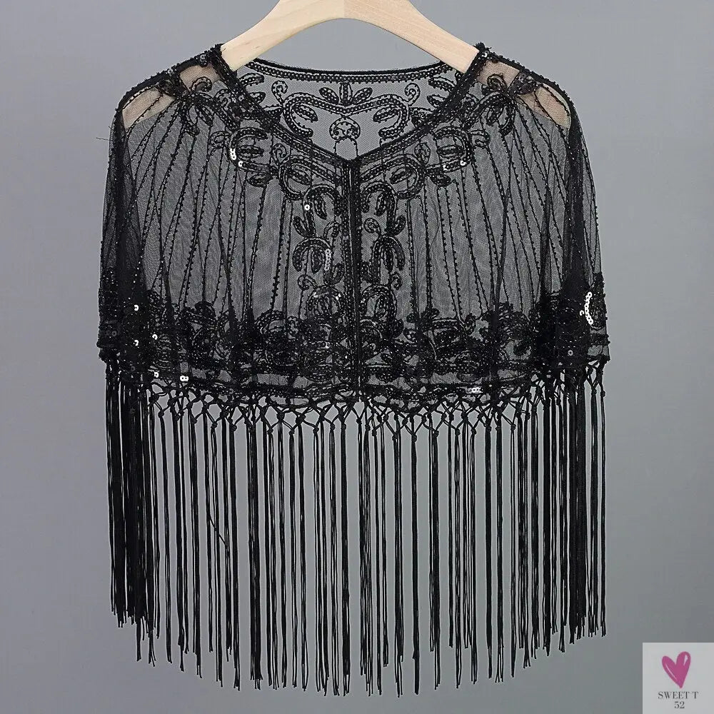 Women's Vintage 1920s Shawl - Beaded/Sequin/Fringe Flapper Bolero, Sheer Floral Embroidery Fancy Cover Up
