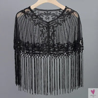 Women's Vintage 1920s Shawl - Beaded/Sequin/Fringe Flapper Bolero, Sheer Floral Embroidery Fancy Cover Up