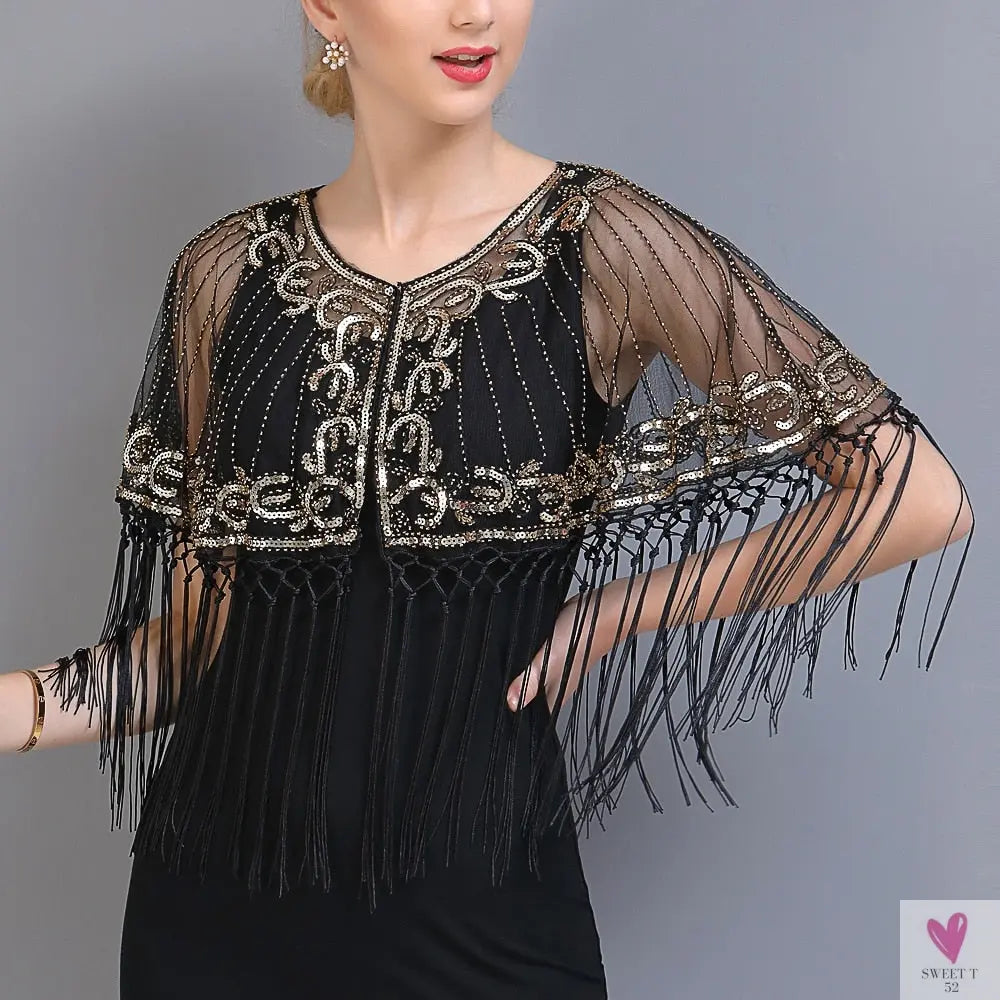 Women's Vintage 1920s Shawl - Beaded/Sequin/Fringe Flapper Bolero, Sheer Floral Embroidery Fancy Cover Up