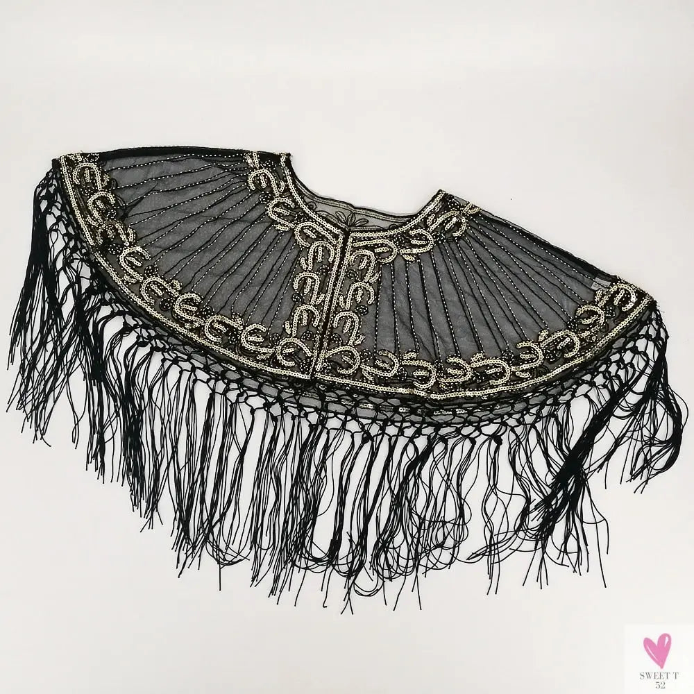 Women's Vintage 1920s Shawl - Beaded/Sequin/Fringe Flapper Bolero, Sheer Floral Embroidery Fancy Cover Up