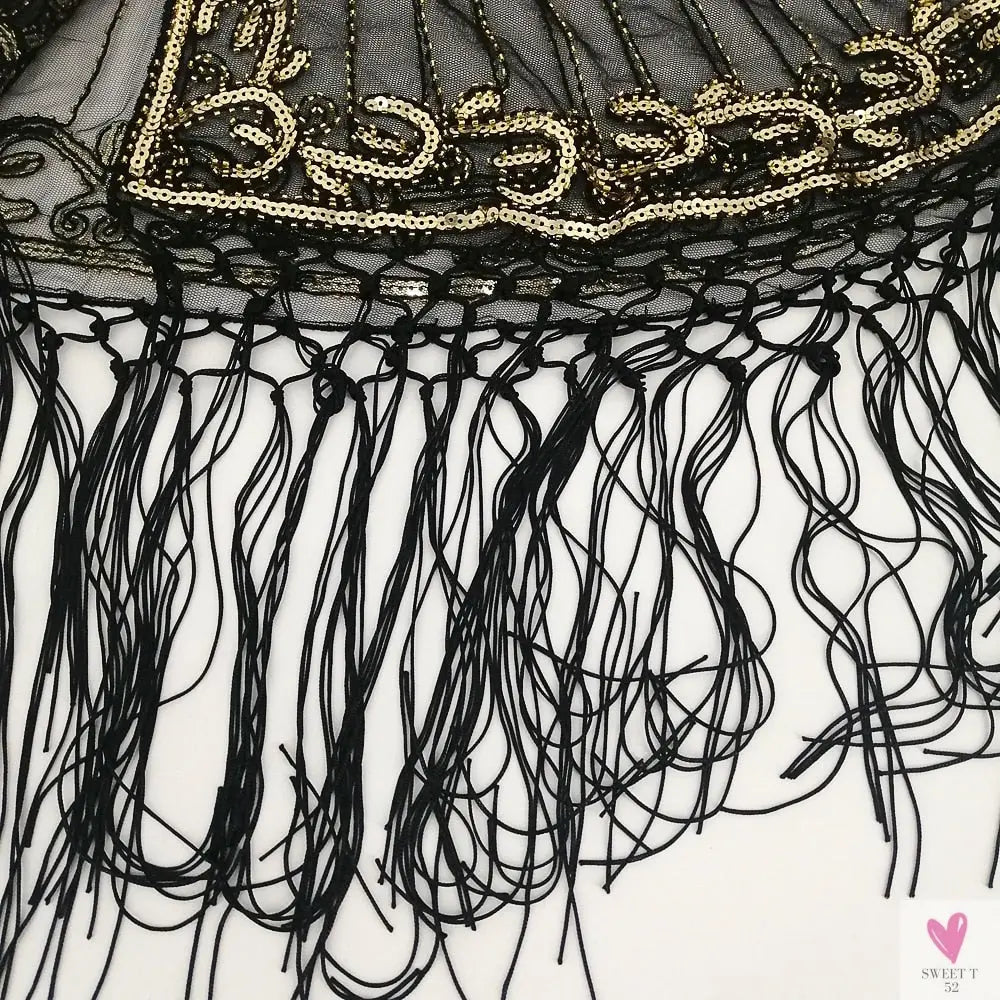 Women's Vintage 1920s Shawl - Beaded/Sequin/Fringe Flapper Bolero, Sheer Floral Embroidery Fancy Cover Up