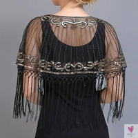 Women's Vintage 1920s Shawl - Beaded/Sequin/Fringe Flapper Bolero, Sheer Floral Embroidery Fancy Cover Up