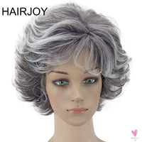 Women's Wig - 2 Tone Grey White Ombre Synthetic Short Layered Curly Hair Wig with Puffy Bangs