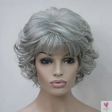 Women's Wig - 2 Tone Grey White Ombre Synthetic Short Layered Curly Hair Wig with Puffy Bangs