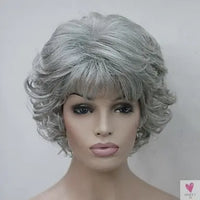 Women's Wig - 2 Tone Grey White Ombre Synthetic Short Layered Curly Hair Wig with Puffy Bangs