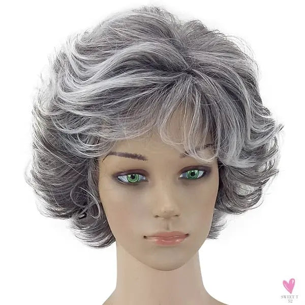 Women's Wig - 2 Tone Grey White Ombre Synthetic Short Layered Curly Hair Wig with Puffy Bangs