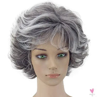 Women's Wig - 2 Tone Grey White Ombre Synthetic Short Layered Curly Hair Wig with Puffy Bangs