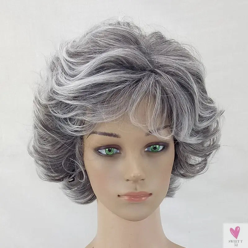 Women's Wig - 2 Tone Grey White Ombre Synthetic Short Layered Curly Hair Wig with Puffy Bangs