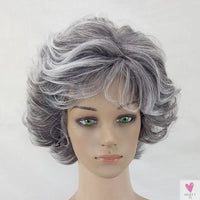 Women's Wig - 2 Tone Grey White Ombre Synthetic Short Layered Curly Hair Wig with Puffy Bangs
