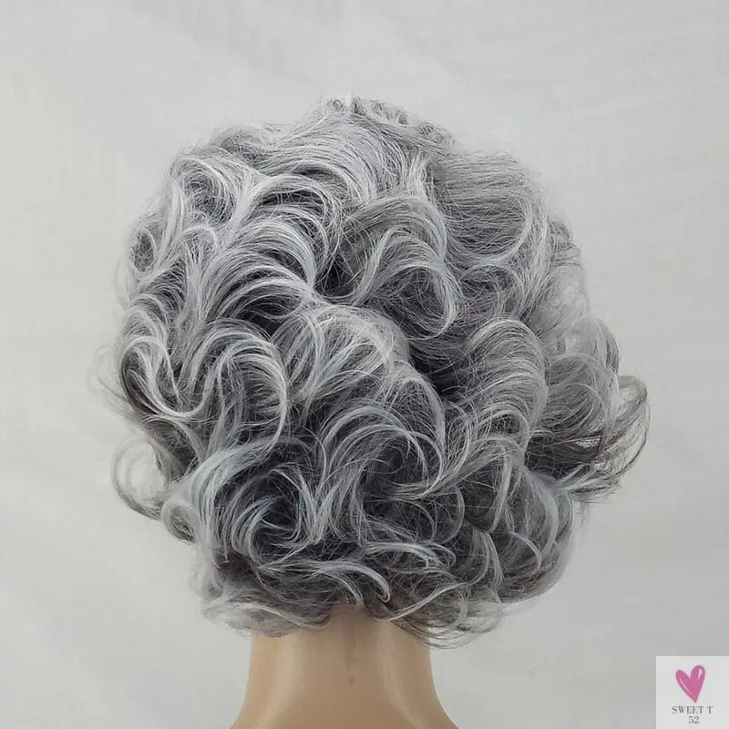 Women's Wig - 2 Tone Grey White Ombre Synthetic Short Layered Curly Hair Wig with Puffy Bangs