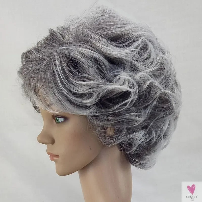 Women's Wig - 2 Tone Grey White Ombre Synthetic Short Layered Curly Hair Wig with Puffy Bangs