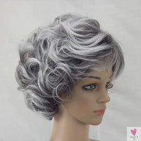 Women's Wig - 2 Tone Grey White Ombre Synthetic Short Layered Curly Hair Wig with Puffy Bangs