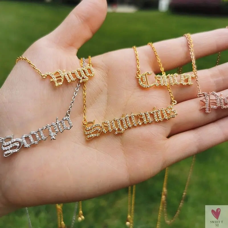 Zodiac Necklace For Women - 12 Constellation Crystal English Letter Choker Necklace