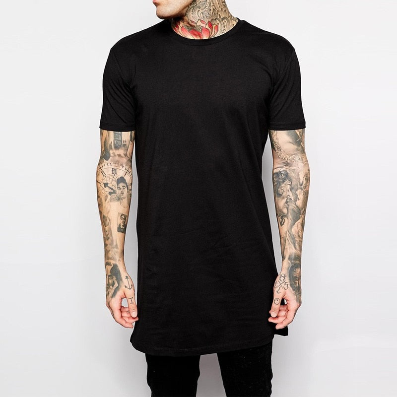 Men's Long Black T shirt - Hip Hop Style, Cotton Knit, O-Neck