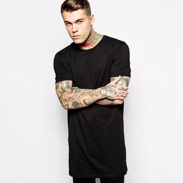 Men's Long Black T shirt - Hip Hop Style, Cotton Knit, O-Neck