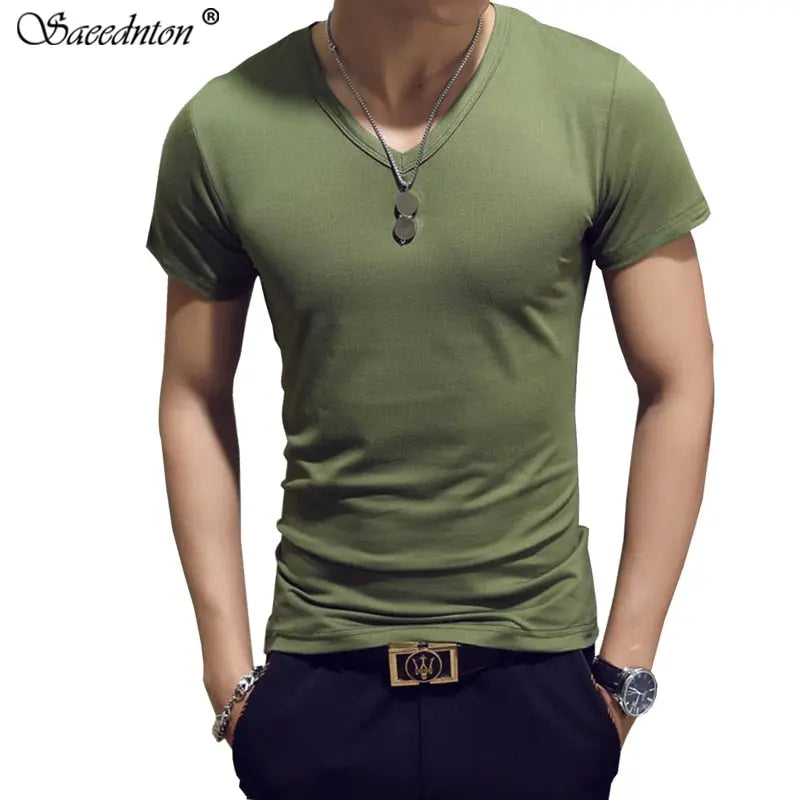 Men's Casual Cotton Jersey T-shirt with V or O-Neck in 10 Solid Colors