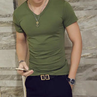 Men's Casual Cotton Jersey T-shirt with V or O-Neck in 10 Solid Colors