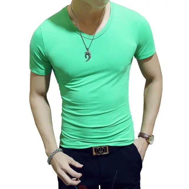 Men's Casual Cotton Jersey T-shirt with V or O-Neck in 10 Solid Colors