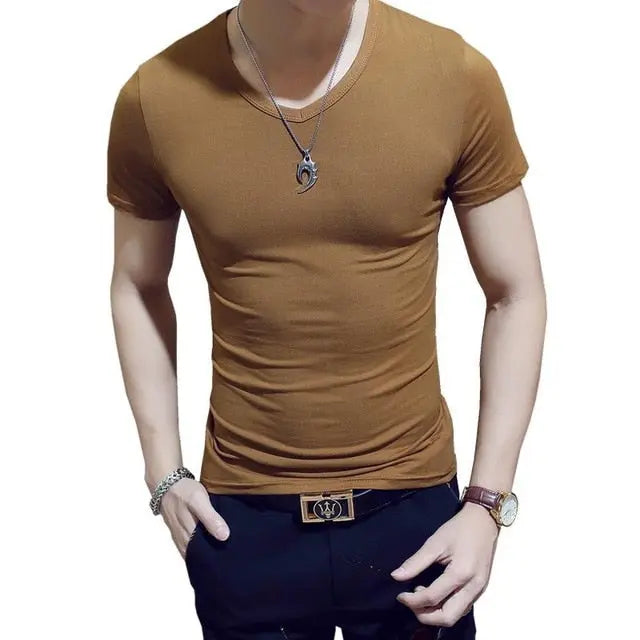 Men's Casual Cotton Jersey T-shirt with V or O-Neck in 10 Solid Colors