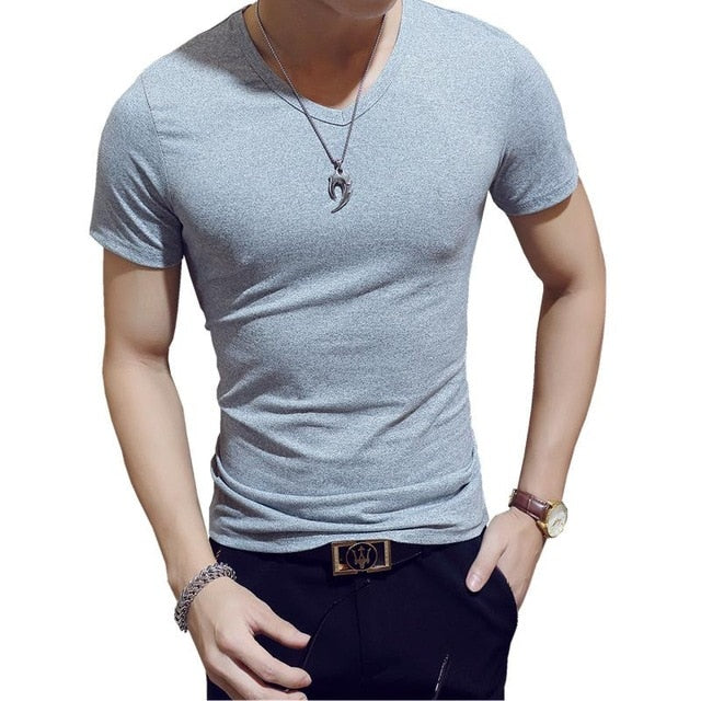 Men's Casual Cotton Jersey T-shirt with V or O-Neck in 10 Solid Colors