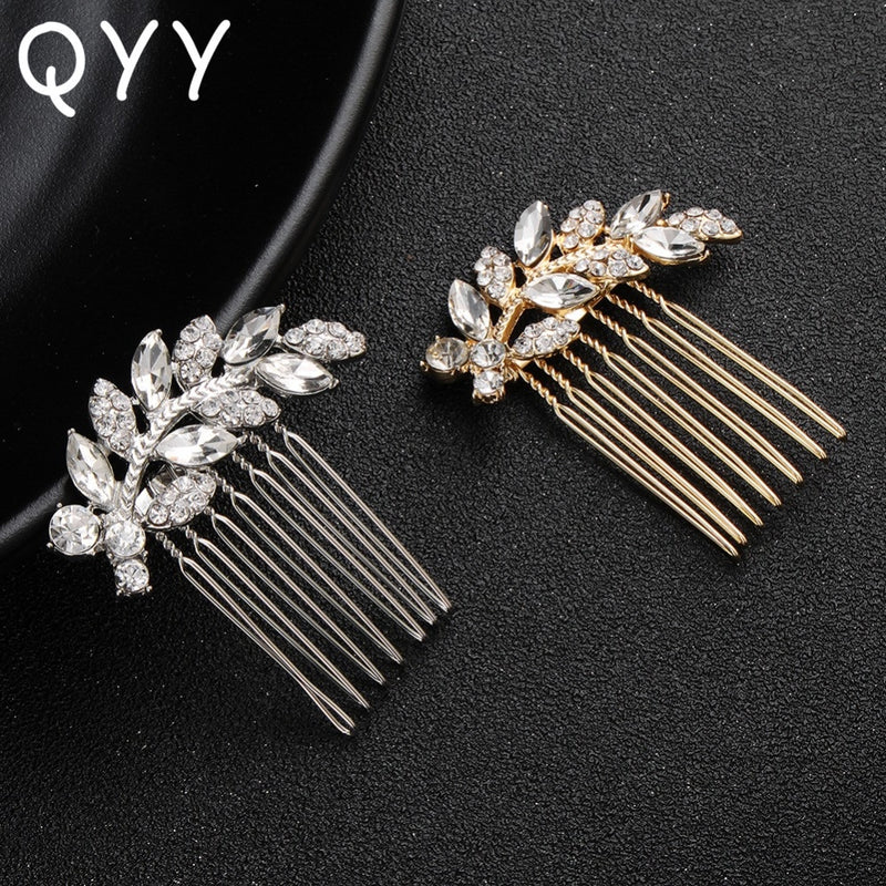 Handmade Rhinestone/Crystal Combs for Women and Girls, Leaf Pattern in Gold or Silver