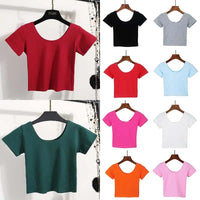 Women's U-Neck Crop Top T-Shirt in Solid Colors With Spandex