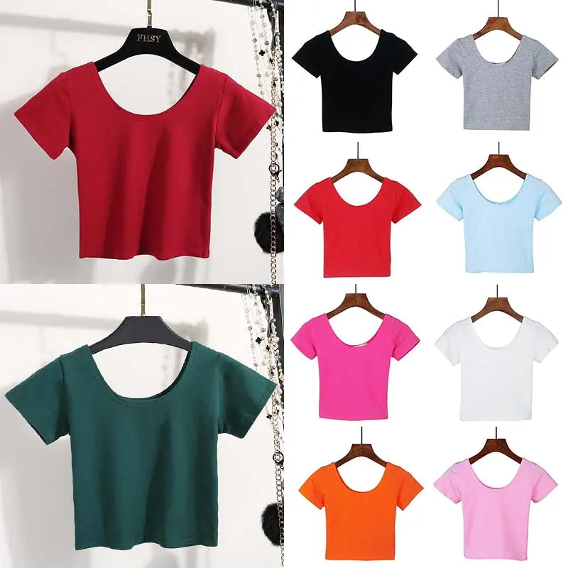 Women's U-Neck Crop Top T-Shirt in Solid Colors With Spandex