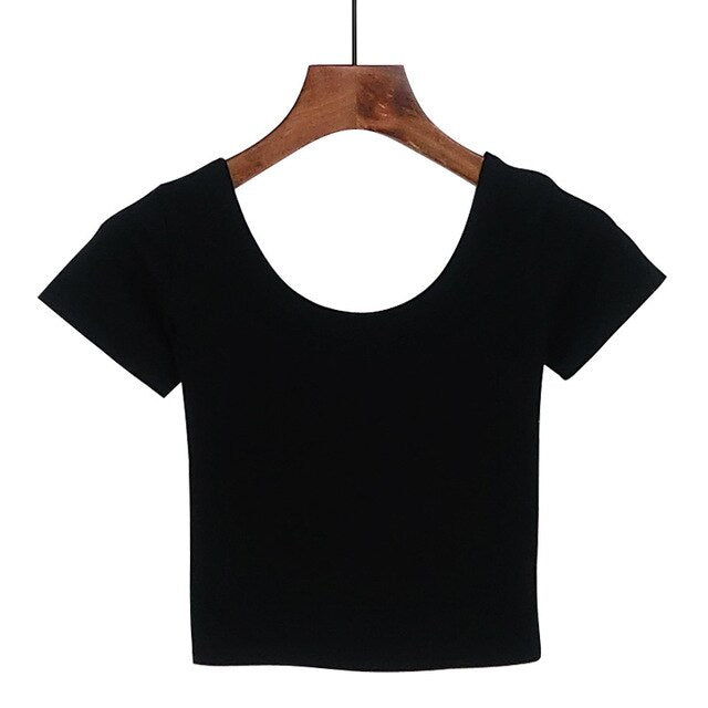 Women's U-Neck Crop Top T-Shirt in Solid Colors With Spandex