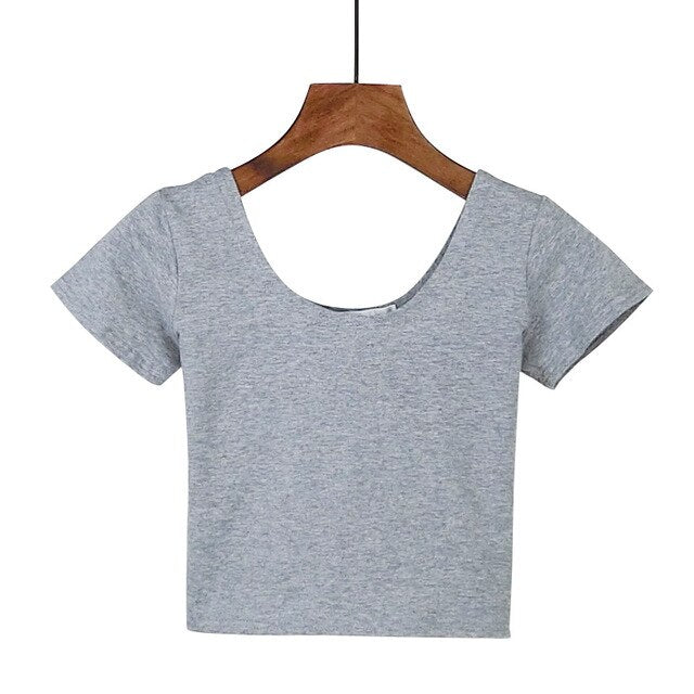 Women's U-Neck Crop Top T-Shirt in Solid Colors With Spandex
