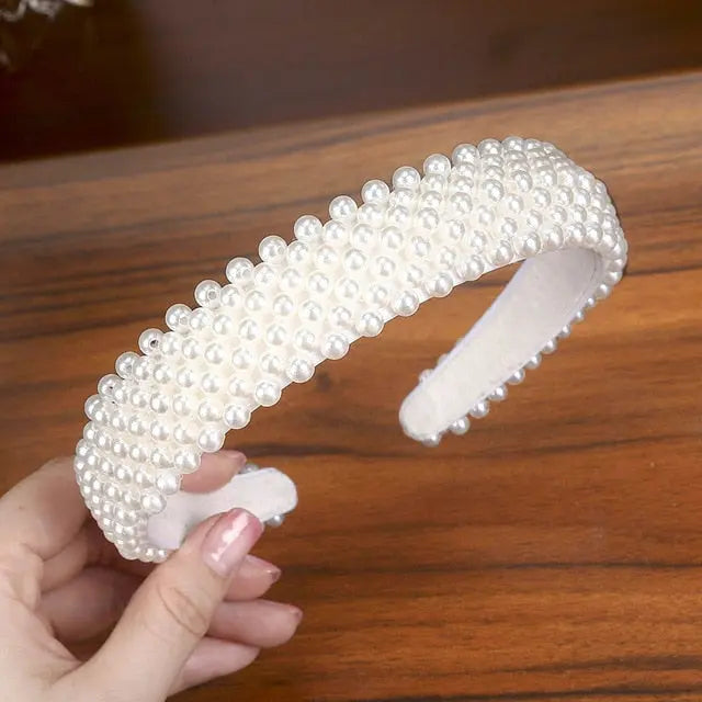 Elegant Beaded Simulated Pearl Hair Bands for Women and Girls in Black, White, Silver, Gold