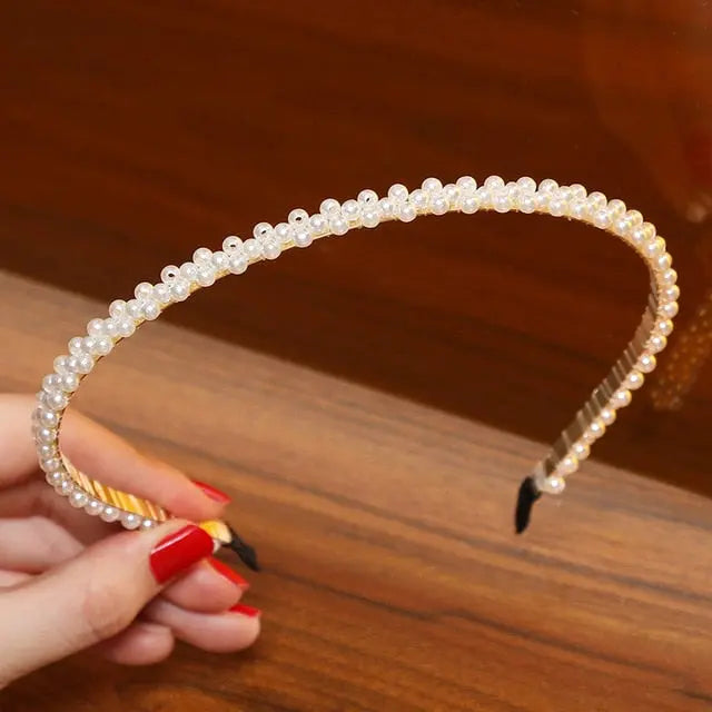 Elegant Beaded Simulated Pearl Hair Bands for Women and Girls in Black, White, Silver, Gold