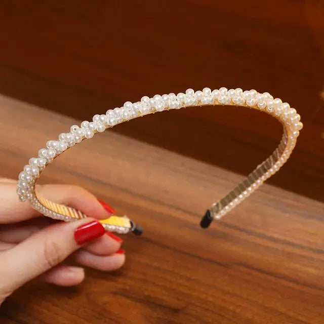 Elegant Beaded Simulated Pearl Hair Bands for Women and Girls in Black, White, Silver, Gold