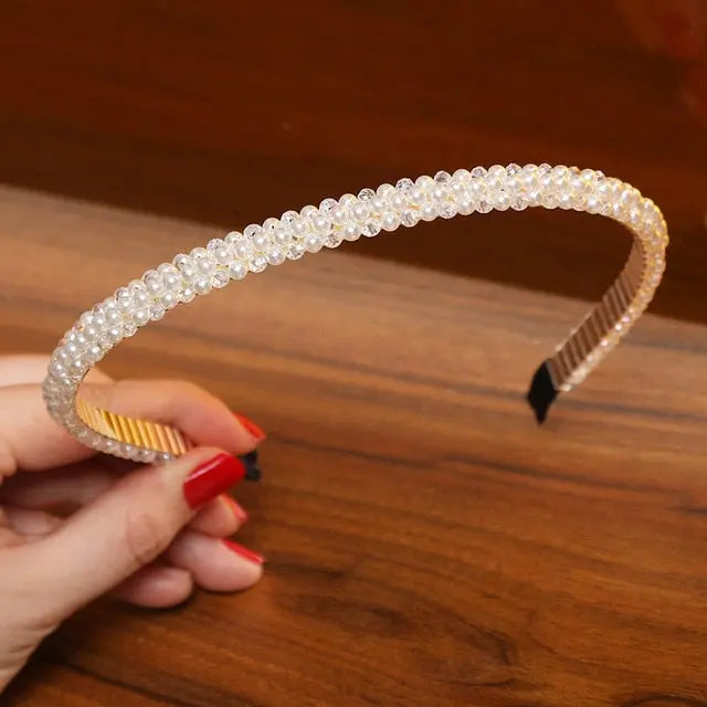 Elegant Beaded Simulated Pearl Hair Bands for Women and Girls in Black, White, Silver, Gold