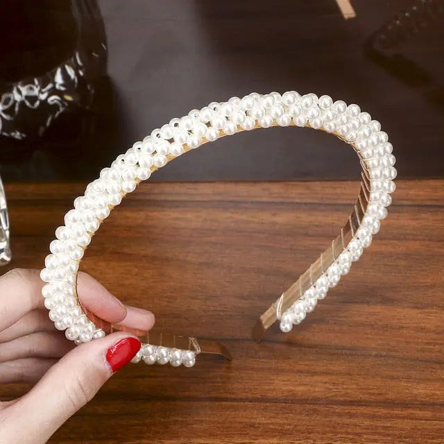 Elegant Beaded Simulated Pearl Hair Bands for Women and Girls in Black, White, Silver, Gold